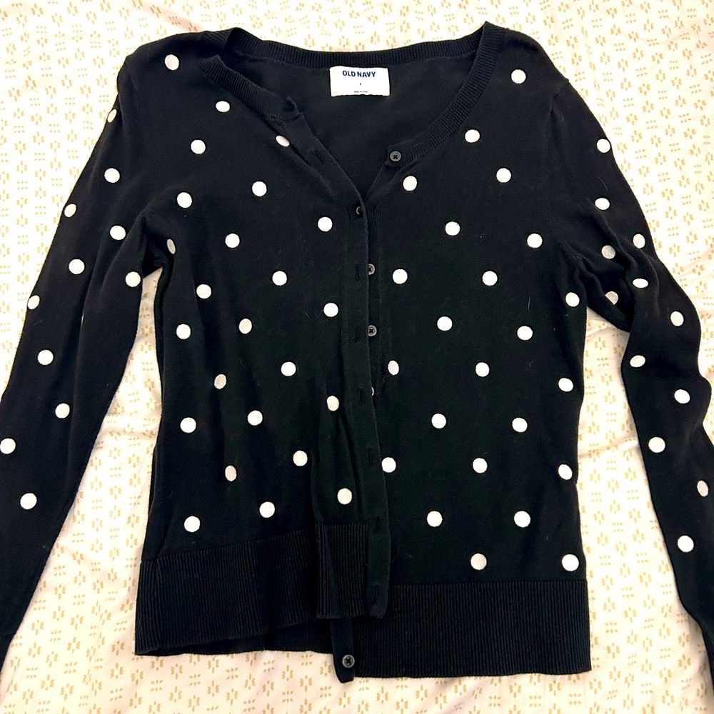 Black cardigan with white polka dots